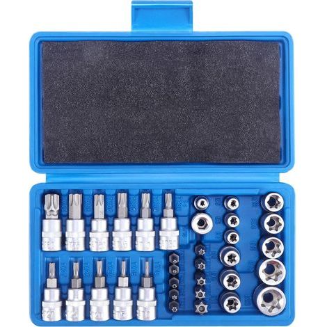34 Pièces Coffret douilles torx femelle 3/8" profil E4-E20, Embout torx étoilé profil T10-T60 en Acier S2, Adaptateur 3/8' à 5/16' CR-V Douille Etoile (1/5)