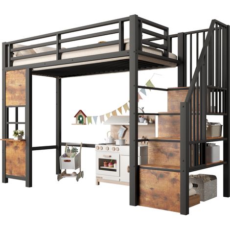 Lit mezzanine 90x200 cm en métal et MDF avec escalier de rangement, espace ouvert dessous, garde-corps sécurisé, noir - CHICFURN (1/5)
