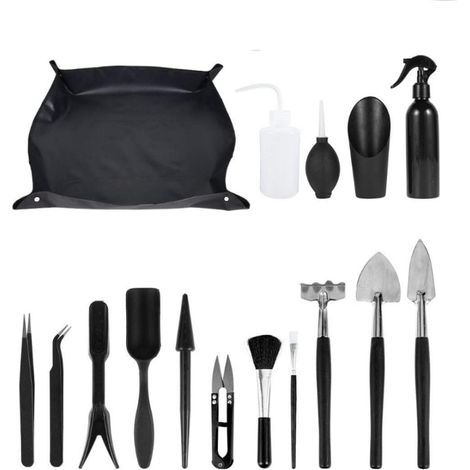 Juego de herramientas de jardinería (negro), mini juego de herramientas para jardín de interior, juego completo, apto para plantaciones de interior o en maceta, 16 piezas en total con tapete.