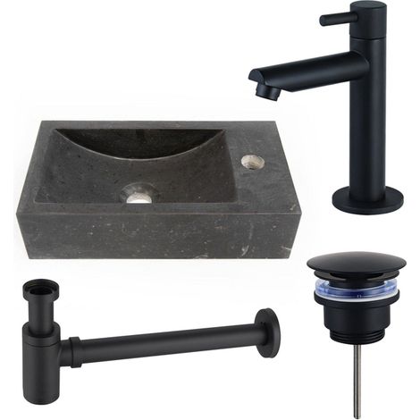 Saniclass Fuente ensemble lavabo - 40x22 - 1 trou de robinet - à droite - pierre naturelle - robinet de fontaine noir mat - foncé