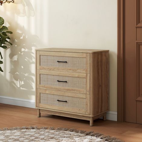 Commode 3 Tiroirs en Rotin, Meuble de Rangement, Chiffonnier, Pieds en Bois Massif, Style Bohème, 76x35x76cm, Chêne (1/5)