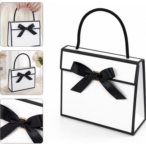 10 Pièces Sac Cadeau Blanc à Noeud Noir 19 x 7 x 15,5 cm Pochette Bijoux Mariage Anniversaire Invités (1/5)