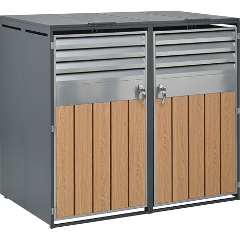 Cabine à poubelles avec couvercle rabattable, aération à lamelles, compartiments de tri des déchets, deux portes et système de verrouillage. (1/5)