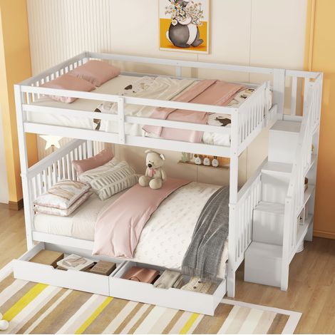 Litera 140/200 cm blanca de pino y MDF con escalera estantería y 2 cajones (1/5)