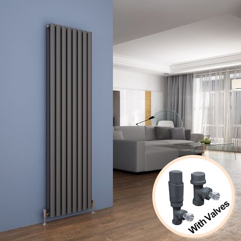 ELEGANT Vertical Column Designer Radiator Anthracite Oval Double Panel Rad 1800 x 472mm + Thermostatic Radiator Valves (1/5)