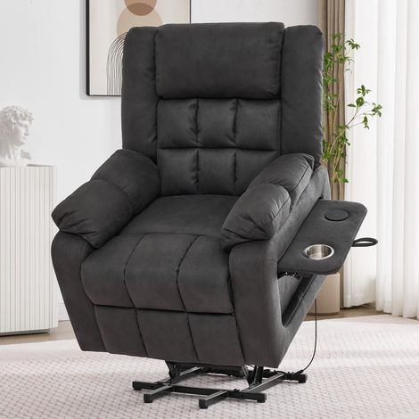 Fauteuil TV électrique réglable, fauteuil de massage avec fonction massage et chauffage, fauteuil pour seniors, fauteuil inclinable avec repose-pieds, 2 poches latérales, porte-gobelet, ports USB, gri (1/5)