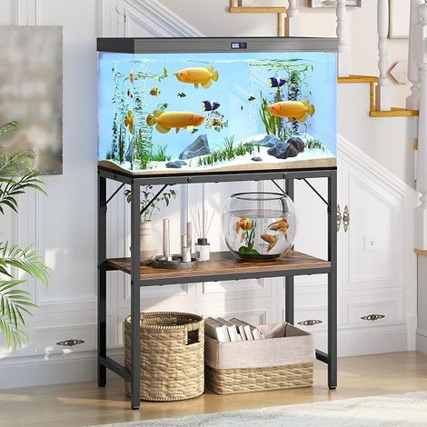 Meuble pour Aquarium, Support pour Bocal à Poissons avec rangement, Support pour Terrarium à 2 niveaux, cadre métallique, 61 x 30 x 62 cm, Marron Rustique et Noir AFTHR2001 (1/5)
