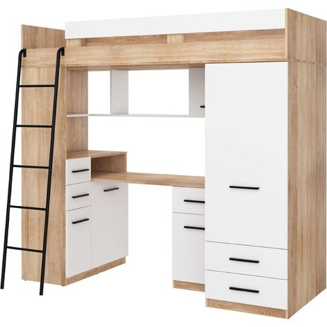 BIM Furniture Lit superposé avec bureau SMYK L cm110x204x188h Chêne blanc (1/5)