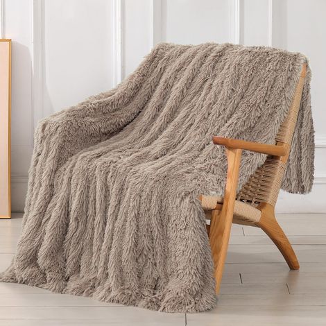 Couverture décorative en fausse fourrure, extra douce et réversible à poils longs, en microfibre pelucheuse et confortable, pour canapé, sofa et lit, 203,2 x 228,6 cm, kaki