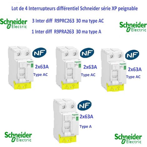 Lot de 4 Interrupteurs différentiel xp 3 ( 2P 63A 30ma type AC ) - 1 ( 2P 63A 30ma type A )Schneider