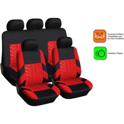9 Pcs Housses De Siege Universelles Couvre Sieges Fabric Rouge-Noir Banquette Non-Divisee (1/4)