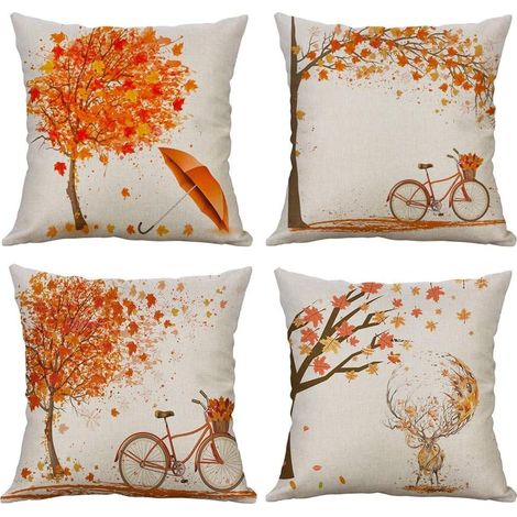 Lot de 4 taies d'oreiller carrées en coton et lin imprimé feuilles d'érable et élans d'automne, pour lit, voiture, canapé, maison, 45 x 45 cm (1/5)