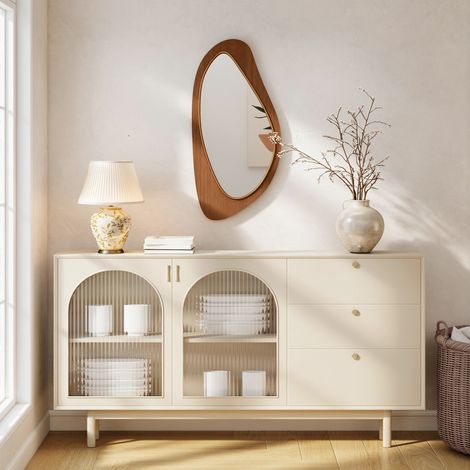 Miroir mural/miroir de fenêtre avec cadre en placage de pin pour chambre/salon, 91,5 x 45 x 3 cm, bois naturel (1/5)