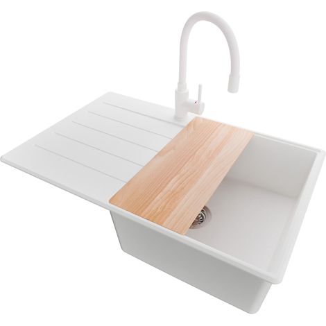 PRIMAGRAN Evier Cuisine en Granit 78x50cm, Lavabo 1 bac + Robinet 38x14cm + Kit de Vidage + Accessoire, Évier à Encastrer au meuble 50cm - Copenhague, Blanc (1/5)