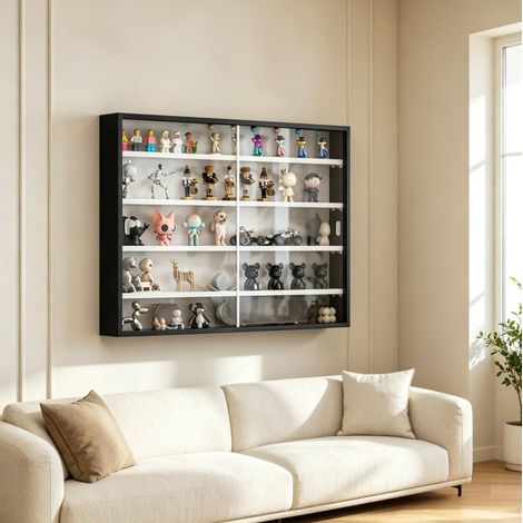 Vitrine murale en verre 80 x 9,5 x 60 cm, 4 étagères réglables, noir et blanc DESVIAE (1/5)