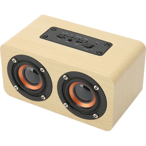 Enceinte Bluetooth rétro avec micro intégré, portable et sans fil, compatible carte mémoire, USB, AUX et MP3, finition bois jaune. (1/5)