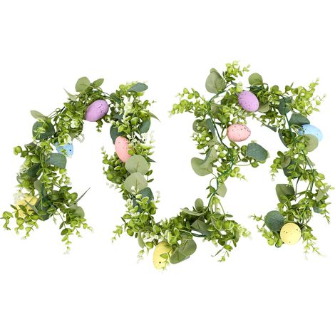 Guirlande d'œufs de Pâques décorative, 160 cm, Simulation d'eucalyptus, pièce maîtresse de verdure artificielle pour étagère de manteau, décoration de printemps, couronne d'œufs de feuilles (1/5)