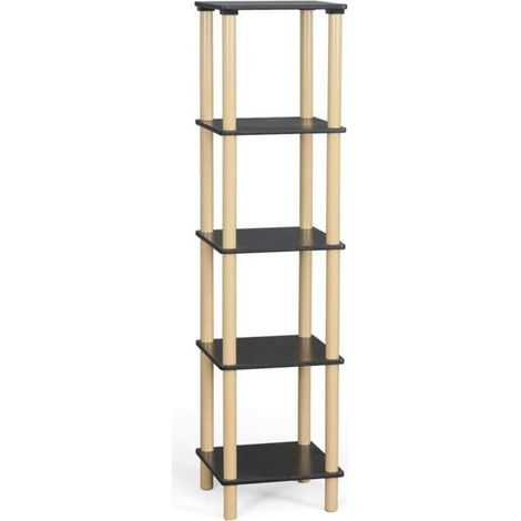 Étagère colonne - JUANIO - 35x35x138 cm - 5 niveaux - Coloris noir - Pieds effet bois clair (1/4)