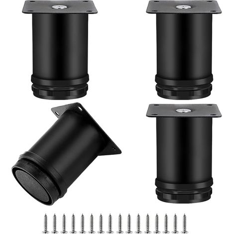 4 pieds de meuble réglables, pieds de meuble ronds en métal, acier inoxydable, pieds de canapé, pieds de table, hauteur réglable de 0 à 15 mm, 50 x 80 mm, noir