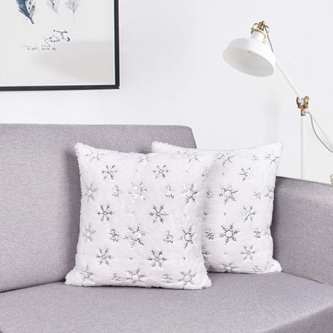 Federe natalizie con fiocchi di neve, set da 2, federa per cuscino in peluche con fiocchi di neve bianchi per soggiorno, camera da letto, auto, sedia, set da 2 bianco