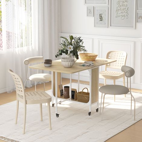Table de salle à manger pliante pour 6 personnes avec étagère. En bois et métal. 130 x 80 x 74 cm. Coloris blanc et bois.
