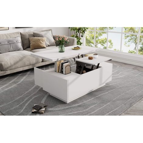Table basse relevable double plateau avec rangement caché, table de salon blanche moderne avec 2 portes, charge 50 kg (1/5)