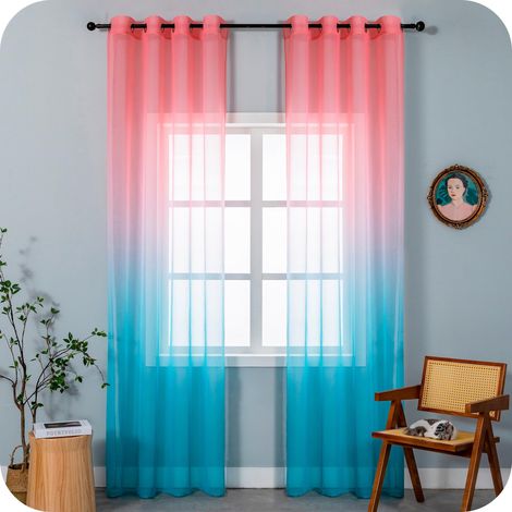 Paire de rideaux voile semi-transparents, couleur dégradée, rose et bleu ciel, rideau pour salon, chambre, cuisine, intérieur, 2 panneaux avec œillets 140 x 238 cm (1/5)