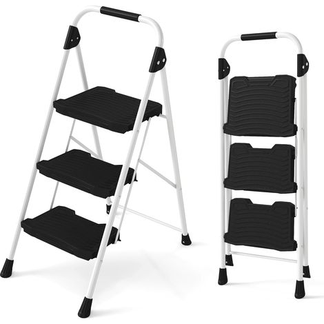 COSTWAY Scala a 3 Gradini, Scaletta Pieghevole in Acciaio con Corrimano Imbottito, Pedale Antiscivolo e Blocco di Sicurezza, per Cucina, Giardino e Ufficio, Portata 360 kg (Nero + Bianco) (1/5)