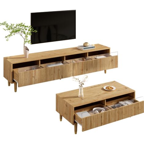 Table basse à LED de style moderne — Dotée d'un design de plateau unique avec des façades de tiroirs à texture ondulée, de pieds bicolores, de deux tiroirs et d'une bande lumineuse LED à changement de (1/4)