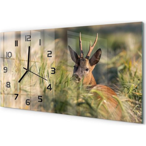 Horloge Murale Salon 60x30 cm Panoramique Verre Trempé Décoration Murale Cerf dans le champ (1/5)