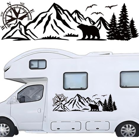 Montagne Boussole Autocollant pour Capot de Voiture,Ours Forêt Auto Graphique Vinyle Decal Décoration Automatique pour Coffre de Porte Latérale Carrosserie de Véhicule VR Tout-terrain SUV,Gauche