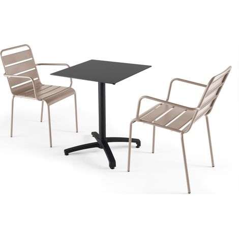 Ensemble table 60 cm noir et 2 fauteuils en métal taupe (1/5)