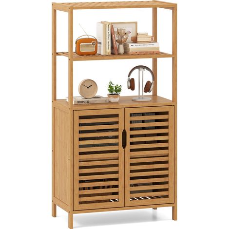COSTWAY Scaffale in Bambù con Ante, Libreria a 4 Ripiani con Mensole Aperte e Armadio con Persiane, Organizzatore di Stoccaggio per Soggiorno Studio Cucina, 60 x 33 x 116 cm (1/5)