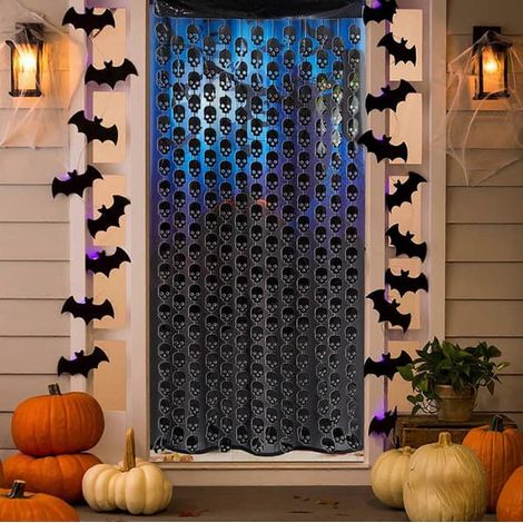 Costume d'Halloween pour femme, décorations d'Halloween, rideaux de pluie à motif de crânes 79 x 39 pouces, accessoires de fête d'Halloween, rideau décoratif d'intérieur pour porte, noir (1/5)
