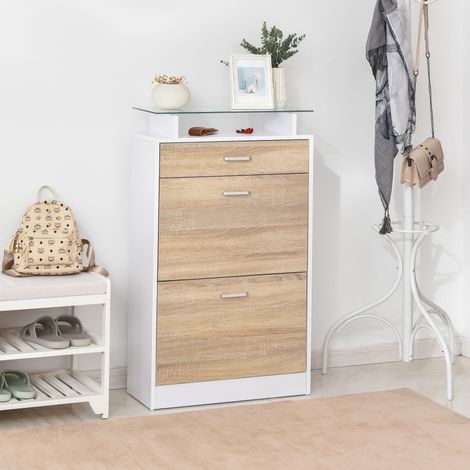 Schuhschrank mit 3 Schubladen, Glasablage und Aluminiumgriff für den Flur, 60 x 24 x 105,5 cm, Natur
