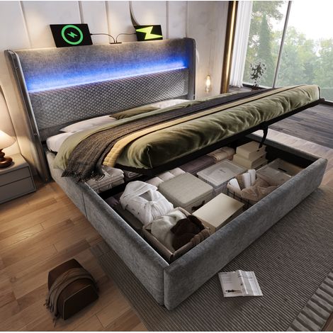 Letto matrimoniale 221x153x121 cm con materasso, testiera alta, LED, USB e Type C, lino grigio (1/5)