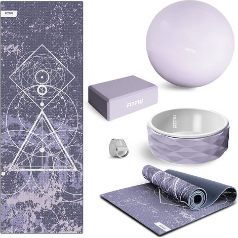 Pack da 5 accessori per yoga KITWELL-500 viola. Kit di accessori per yoga e pilates tra cui tappetino etnico, palla per pilates, blocco per yoga, ruota per esercizi e cinghia - FITFIU Fitness (1/5)
