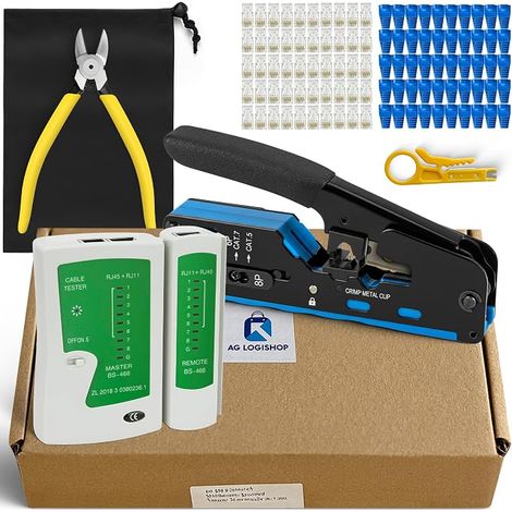 Kit d'outils de sertissage RJ45 + pince + dénudeur de câble + testeur de connexion + 50 connecteurs + 50 étuis + sac de rangement Cat5/5e/6/7 + 6P/8P (1/5)