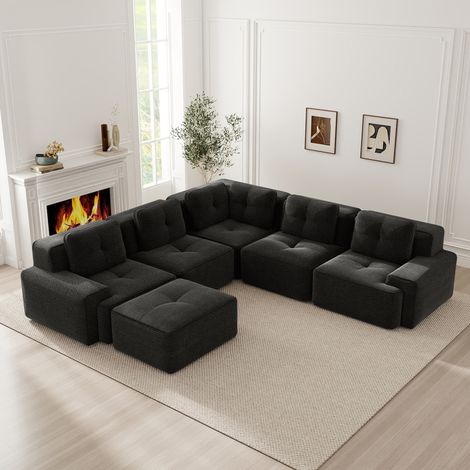 Modulares Ecksofa mit Ottomane, schwarzer Cordstoff, 295 x 295 x 69 cm, ohne Montage OKMYHOME (1/5)
