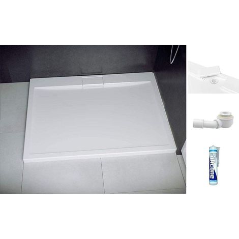 ECOLAM Receveur de douche plat rectangle Axim 100x80 cm, hauteur 4,5 cm profondeur 2,5 cm acrylique blanc + siphon + silicone, pose au sol possible (1/5)