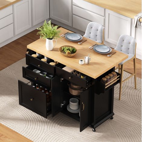 Isola da cucina 107x45-70x90.5 cm nera e naturale in MDF con ruote, piano estraibile e cassetti multifunzione (1/5)