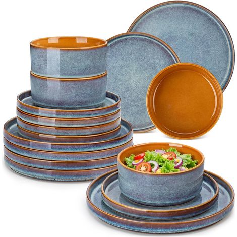 Assiettes Service de Table 24 Pièces pour 8 Personnes, Service Complet en Grès - 8 Assiettes Plates, 8 Dessert et 8 Bols - Adapté au Micro-Ondes, Glaçure Gris Bleu (1/5)