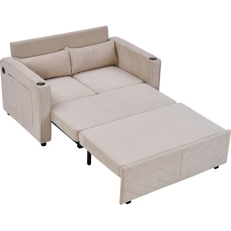 Canapé-lit 2 places 3-en-1, grand, élégant et minimaliste, de luxe léger, design coulissant transformable, charge USB, parfait pour la sieste, Beige