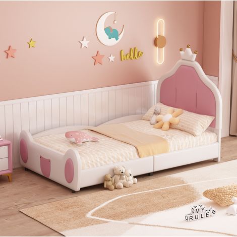 MEUBLIV Cama 90x200 cm blanca/rosa – cabecero corona, diseño infantil, sin colchón (1/5)
