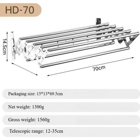 Portasciugamani retrattile ed estensibile da 70 cm in acciaio inox per balcone e bagno, senza bisogno di forare, stendibiancheria pieghevole - ALTRO (1/2)
