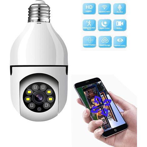 DISCORAMA 2PCS TELECAMERA A LAMPADINA 360°, TELECAMERA DI SORVEGLIANZA WIRELESS CON CONTROLLO REMOTO TRAMITE APP 1080P, TELECAMERA LAMPADINA E27 (1/5)