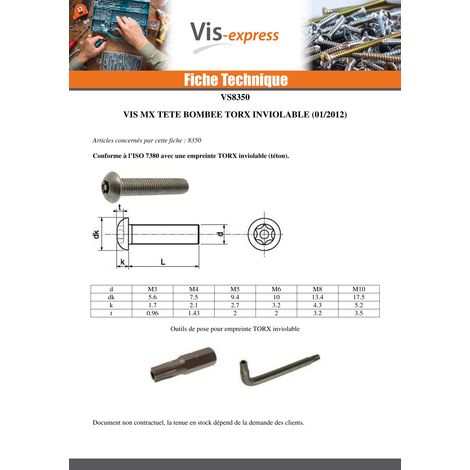 Vis métaux Inox A2 Inviolable Tête bombée TORX T30 avec téton M6X40-10 pièces