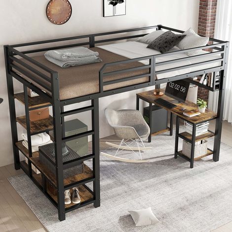 Lit mezzanine 120x200 cm avec bureau et étagère, échelle 4 marches, sommier à lattes, métal et bois, noir et noyer foncé (1/5)