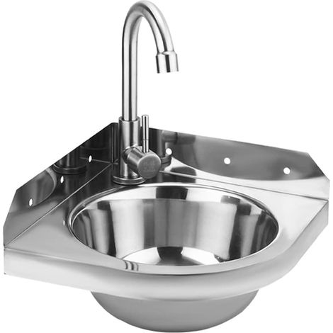 Lavabo d'angle en acier inoxydable à fixation murale triangulaire avec robinets d'eau chaude et froide pour camping-car, bateau, salle de bain, toilettes, garage (1/5)
