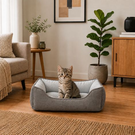 belviona Katzenbett, wendbares Katzenkörbchen mit 2-in-1 Funktion, weich gepolstert & pflegeleicht, 60x50 cm, hellgrau/dunkelgrau (1/5)